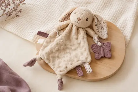 Doudou lapin en tissu doux avec oreilles froissées, rubans texturés et anneau de dentition en silicone