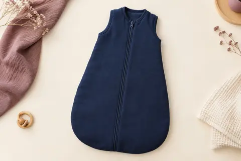 Gigoteuse bébé sans manches en fibre de bambou bleu marine, présentée sur un fond crème avec du bois clair.