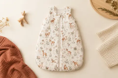 Gigoteuse bébé en coton à motif de cerfs, avec fermeture zippée, mise en scène sur un fond crème.