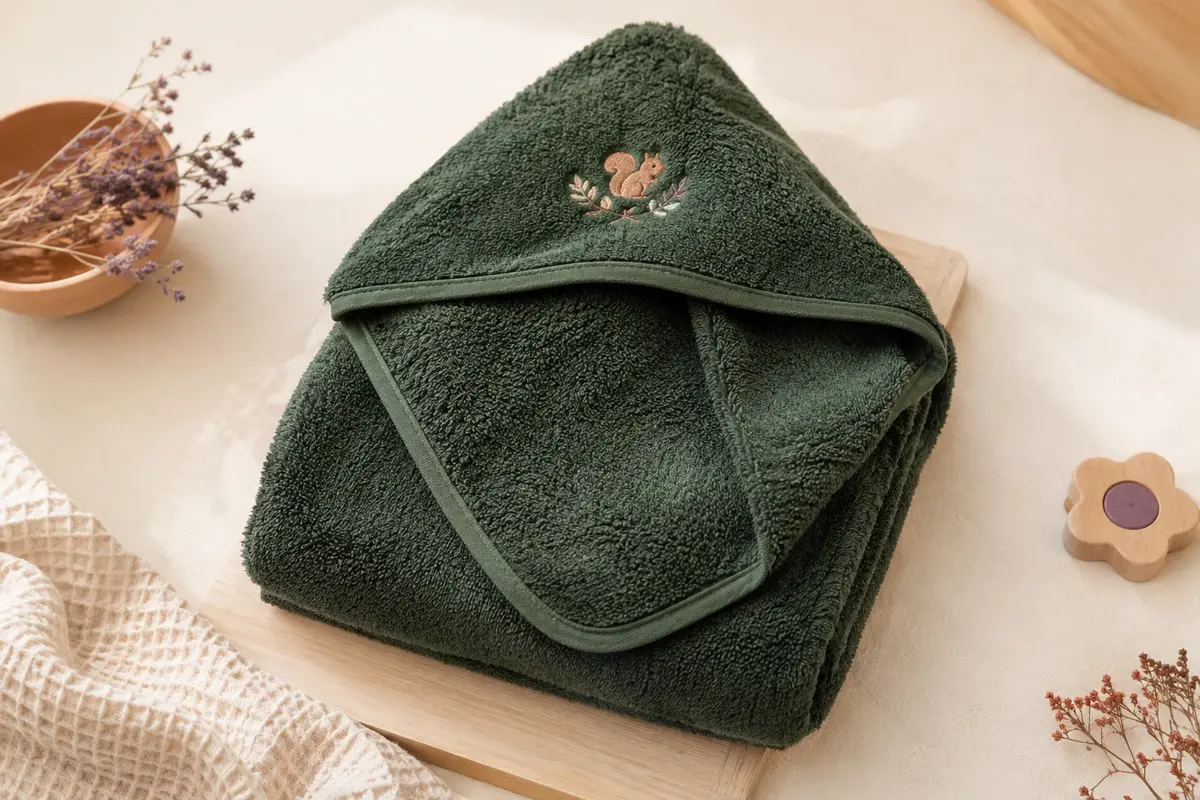 Serviette de bain bébé vert foncé en coton, avec capuche et broderie décorative, posée sur un fond crème.