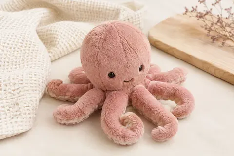 Doudou poulpe Nattou en peluche vieux rose, posé sur un fond crème avec un tissu gaufré
