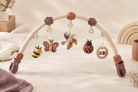 Arche d’éveil articulée avec figurines d’insectes colorées, moulin à vent, hochet et clips de fixation