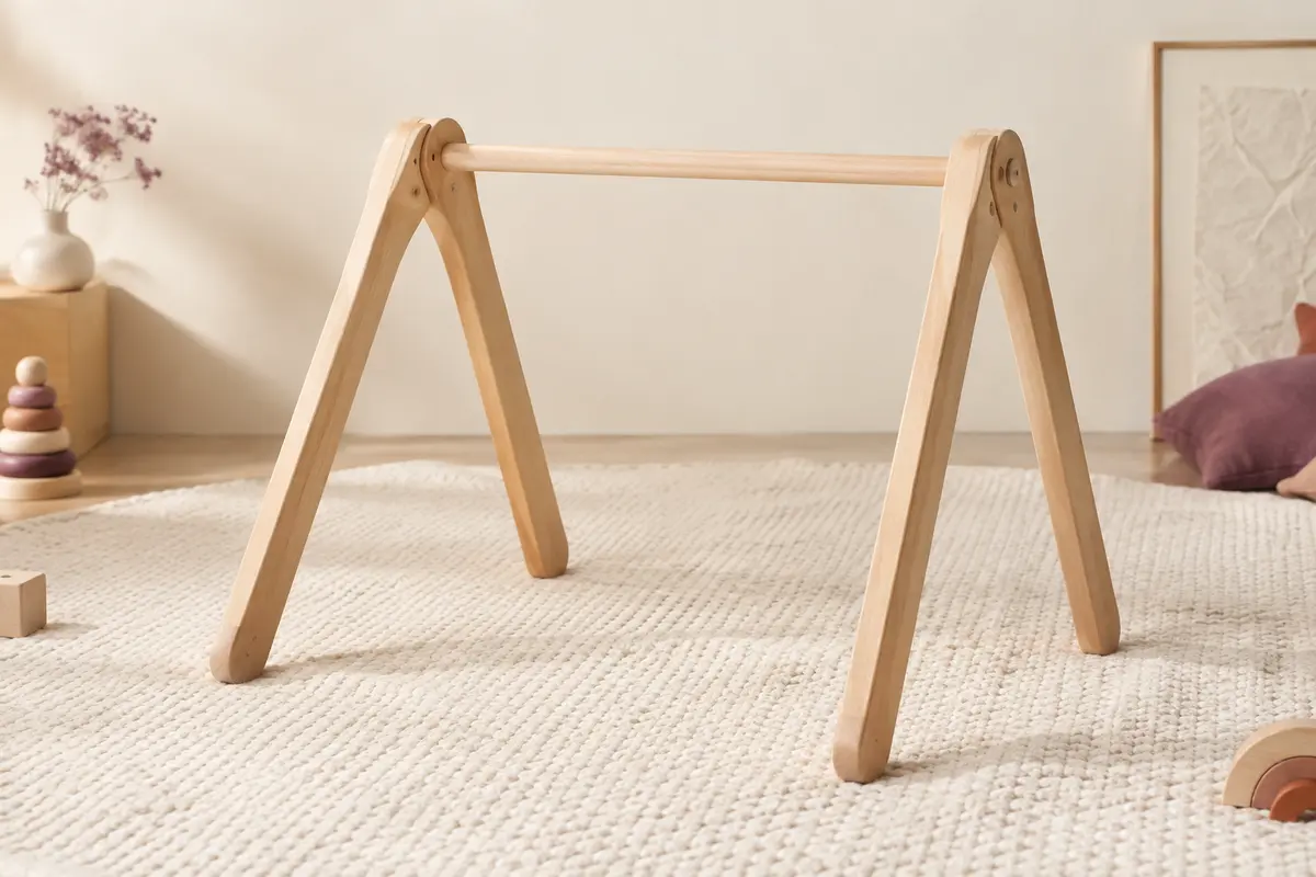 Arche d’éveil en bois de hêtre installée au-dessus d’un tapis crème dans un décor lumineux