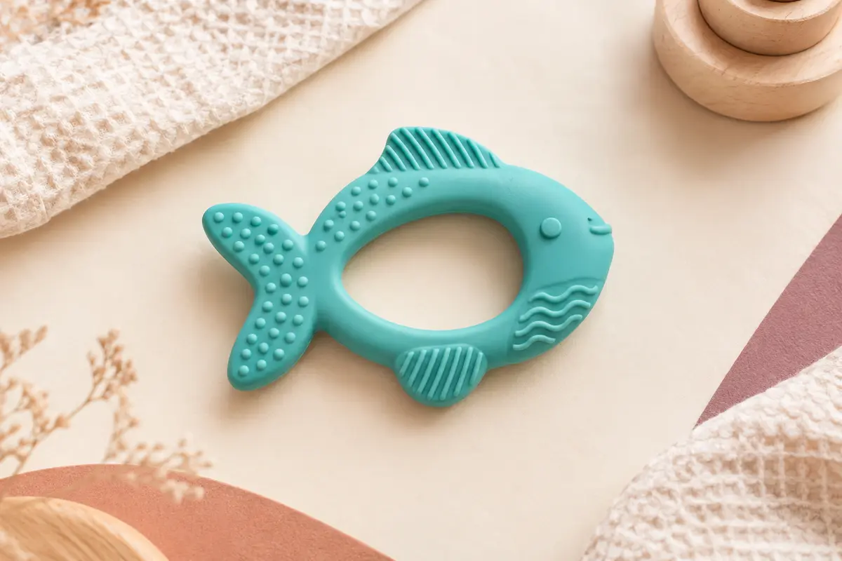 Anneau de dentition Nuby en silicone turquoise, texturé et en forme de poisson, présenté sur un fond crème