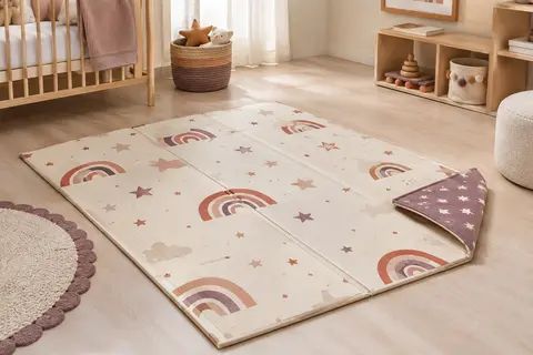 Grand tapis d’éveil réversible Nuby déployé dans une chambre lumineuse aux tons doux