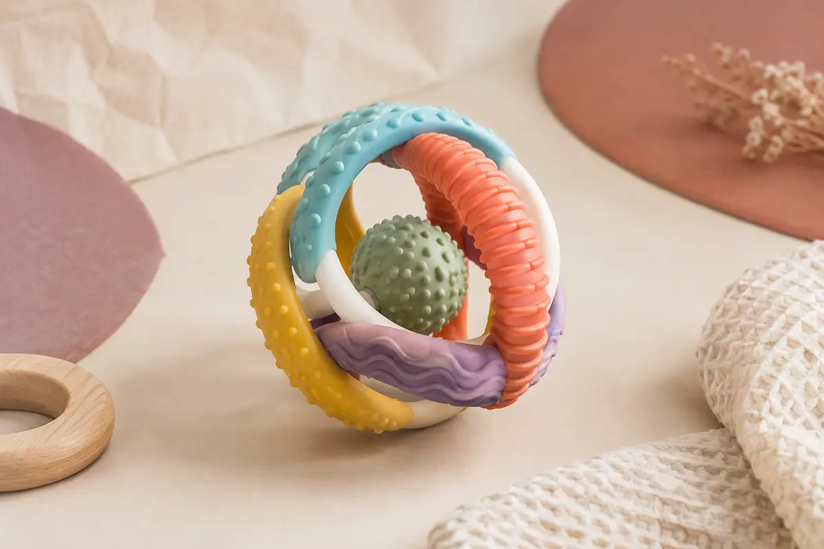 Jouet de dentition Twist Ball en silicone multicolore avec anneaux et hochet, posé sur un fond crème