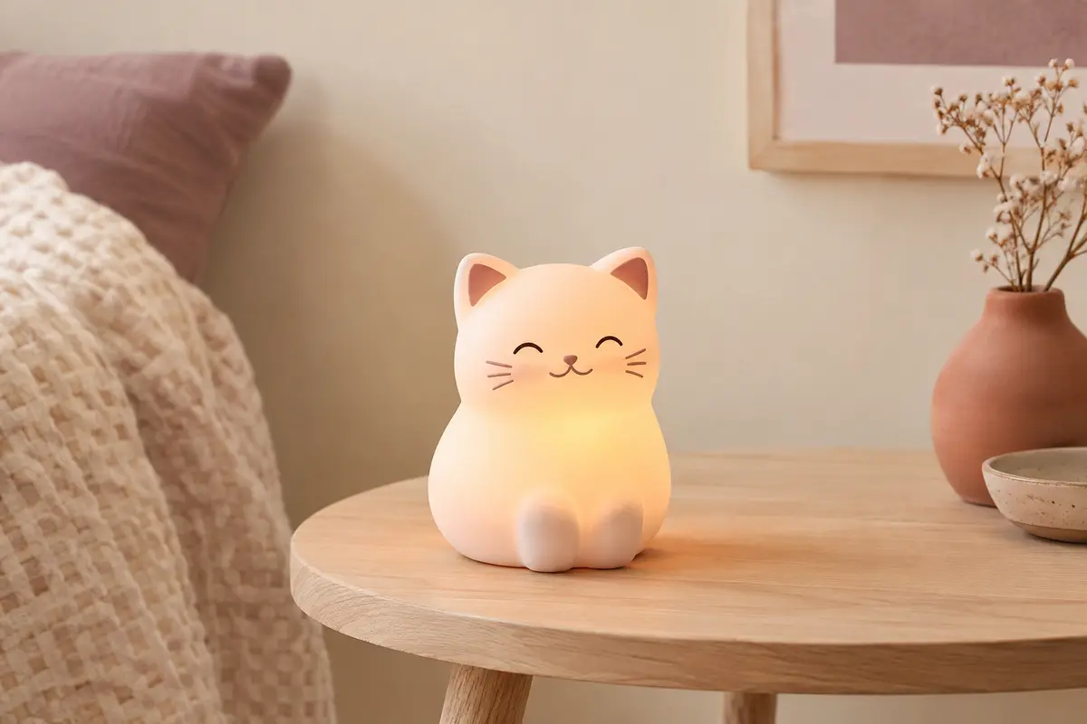 Veilleuse chat compacte posée sur une table en bois clair, avec une douce lumière colorée.