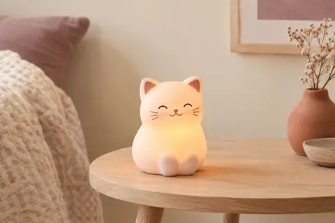 Veilleuse chat compacte posée sur une table en bois clair, avec une douce lumière colorée.