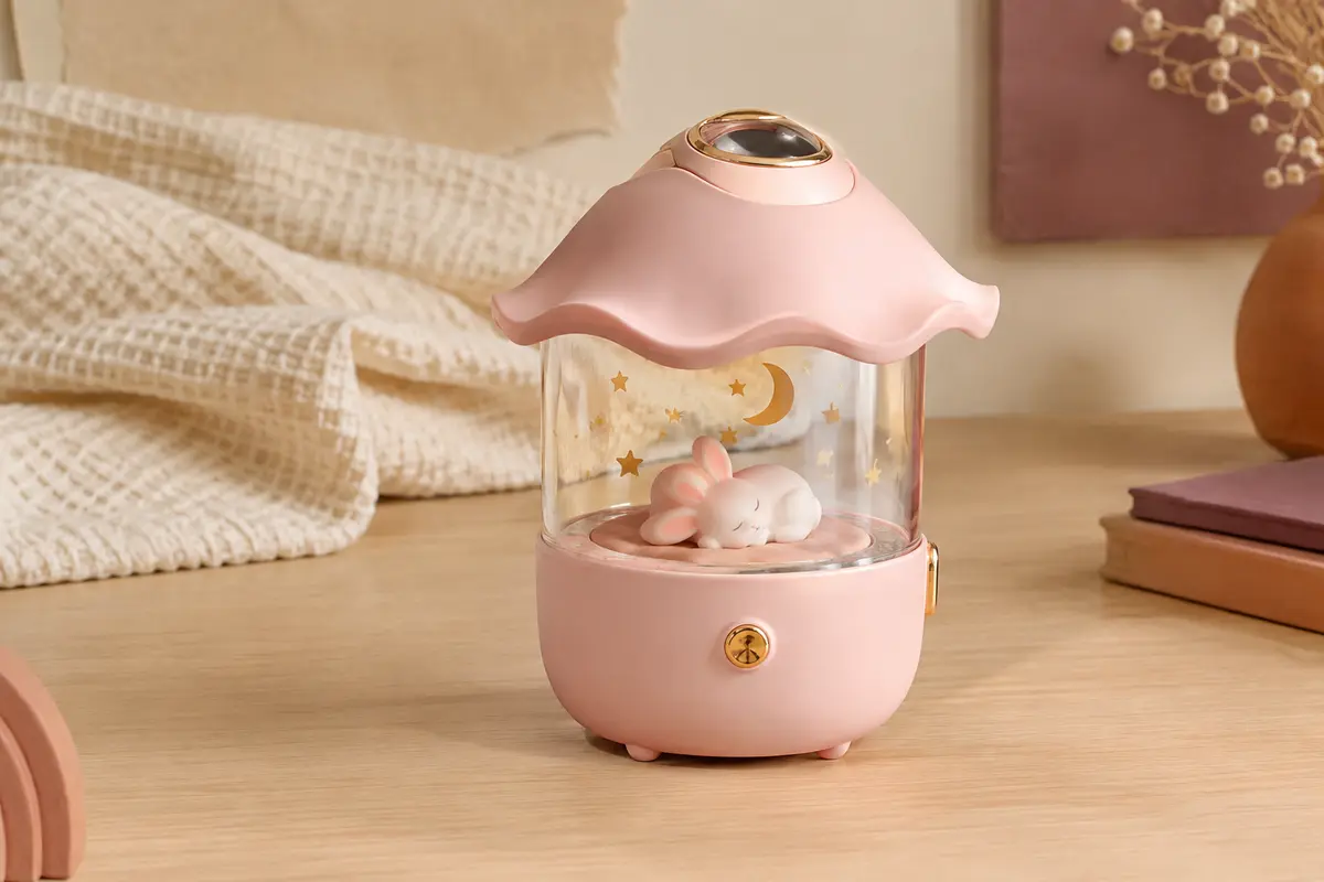 Veilleuse projecteur rose avec compartiment transparent et lapin décoratif, posée sur une table en bois clair