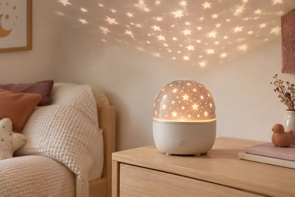 Veilleuse projecteur compacte posée sur un meuble en bois clair, avec des motifs étoilés au plafond