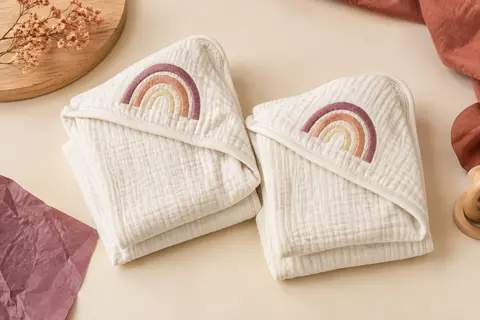 Deux capes de bain bébé en mousseline de coton avec capuches et motif arc-en-ciel sur fond crème.
