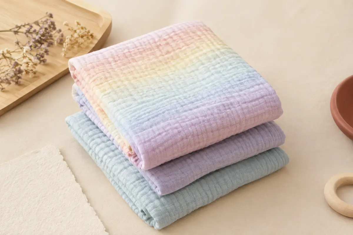 Trois grands langes en mousseline de coton aux tons arc-en-ciel, pliés sur un fond crème lumineux.