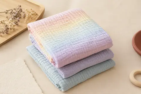 Trois grands langes en mousseline de coton aux tons arc-en-ciel, pliés sur un fond crème lumineux.