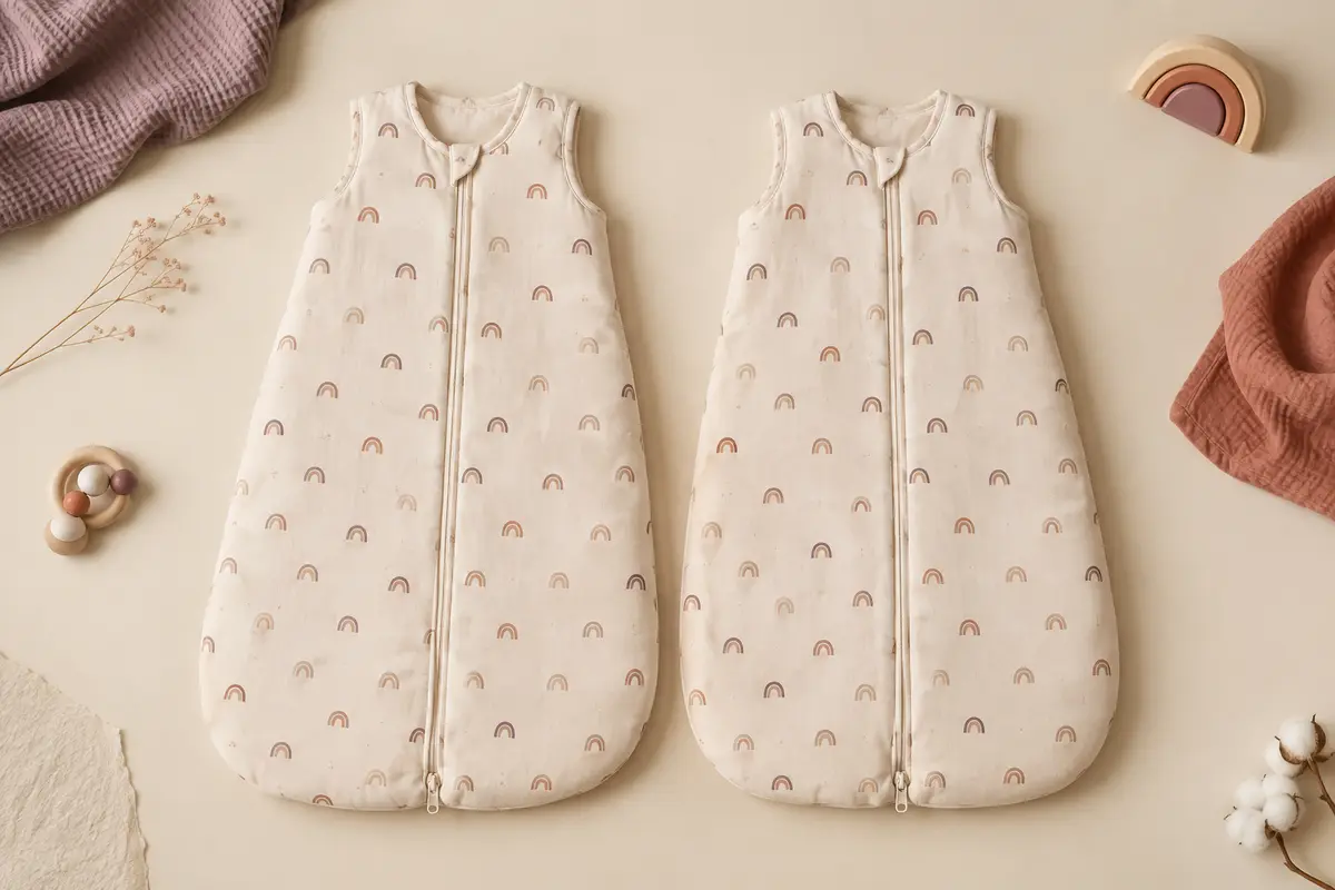 Deux gigoteuses bébé légères beige à motif arc-en-ciel, présentées côte à côte sur un fond crème.