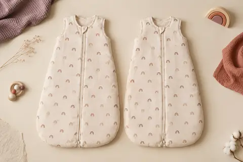 Deux gigoteuses bébé légères beige à motif arc-en-ciel, présentées côte à côte sur un fond crème.