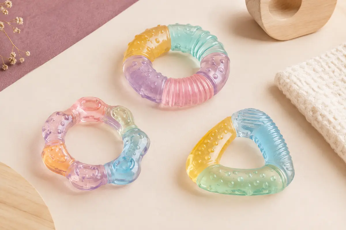 Trois anneaux de dentition souples multicolores posés sur un fond crème près d’un tissu gaufré.