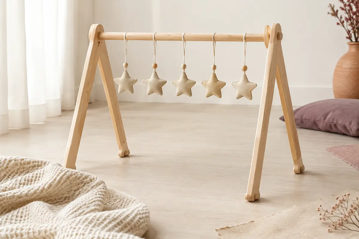 Arche d’éveil en bois naturel avec cinq pendentifs étoilés beiges, présentée dans un décor lumineux aux tons crème.