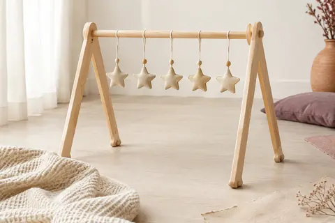 Arche d’éveil en bois naturel avec cinq pendentifs étoilés beiges, présentée dans un décor lumineux aux tons crème.