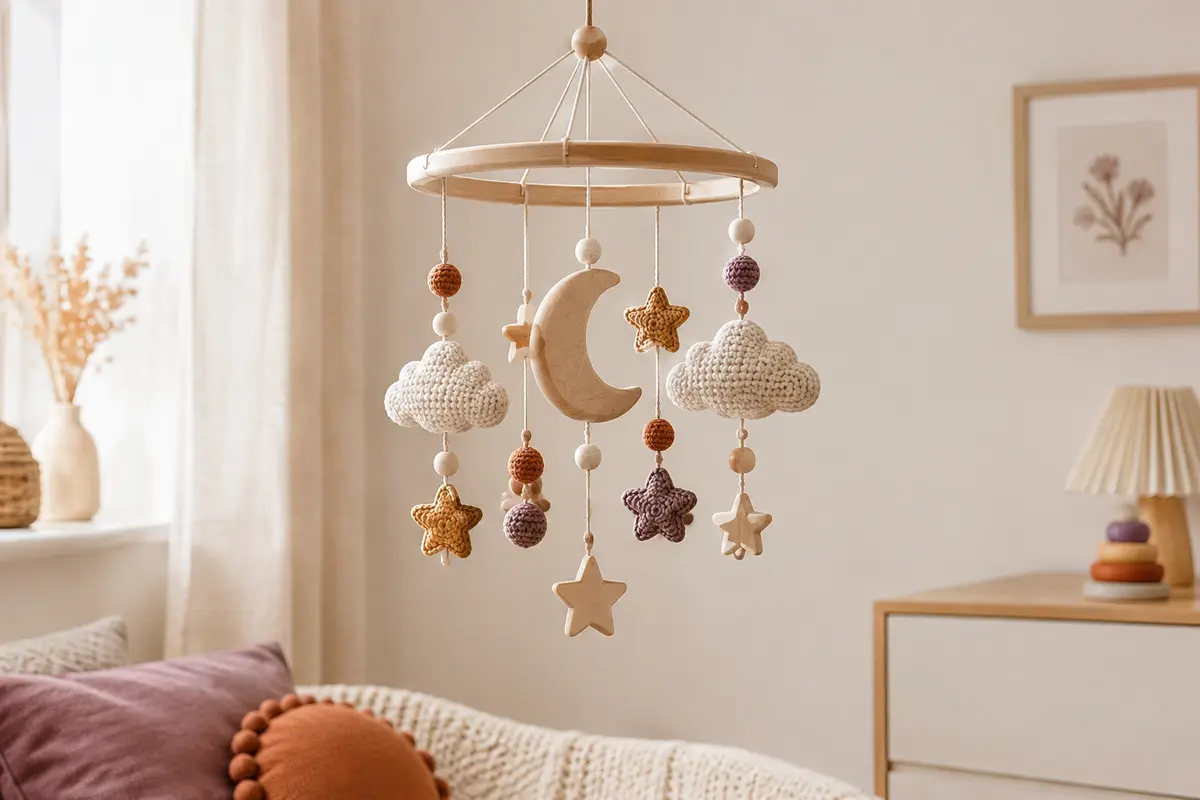 Mobile bébé fait main avec lune, nuages et étoiles en bois et détails crochetés, suspendu dans un décor doux