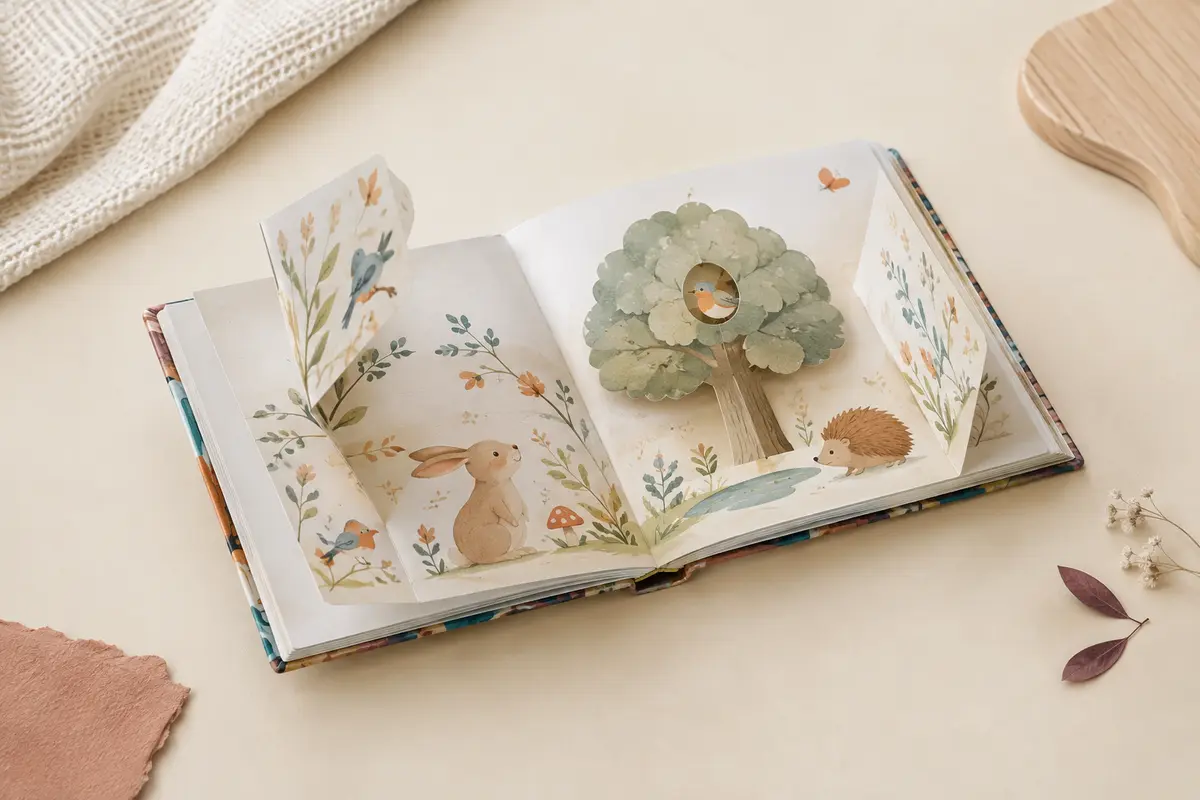 Album de naissance illustré à couverture rigide, ouvert sur des pages animées près de papier texturé.
