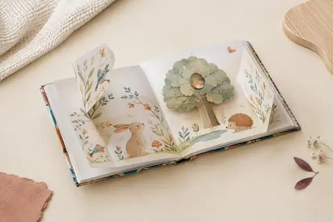 Album de naissance illustré à couverture rigide, ouvert sur des pages animées près de papier texturé.