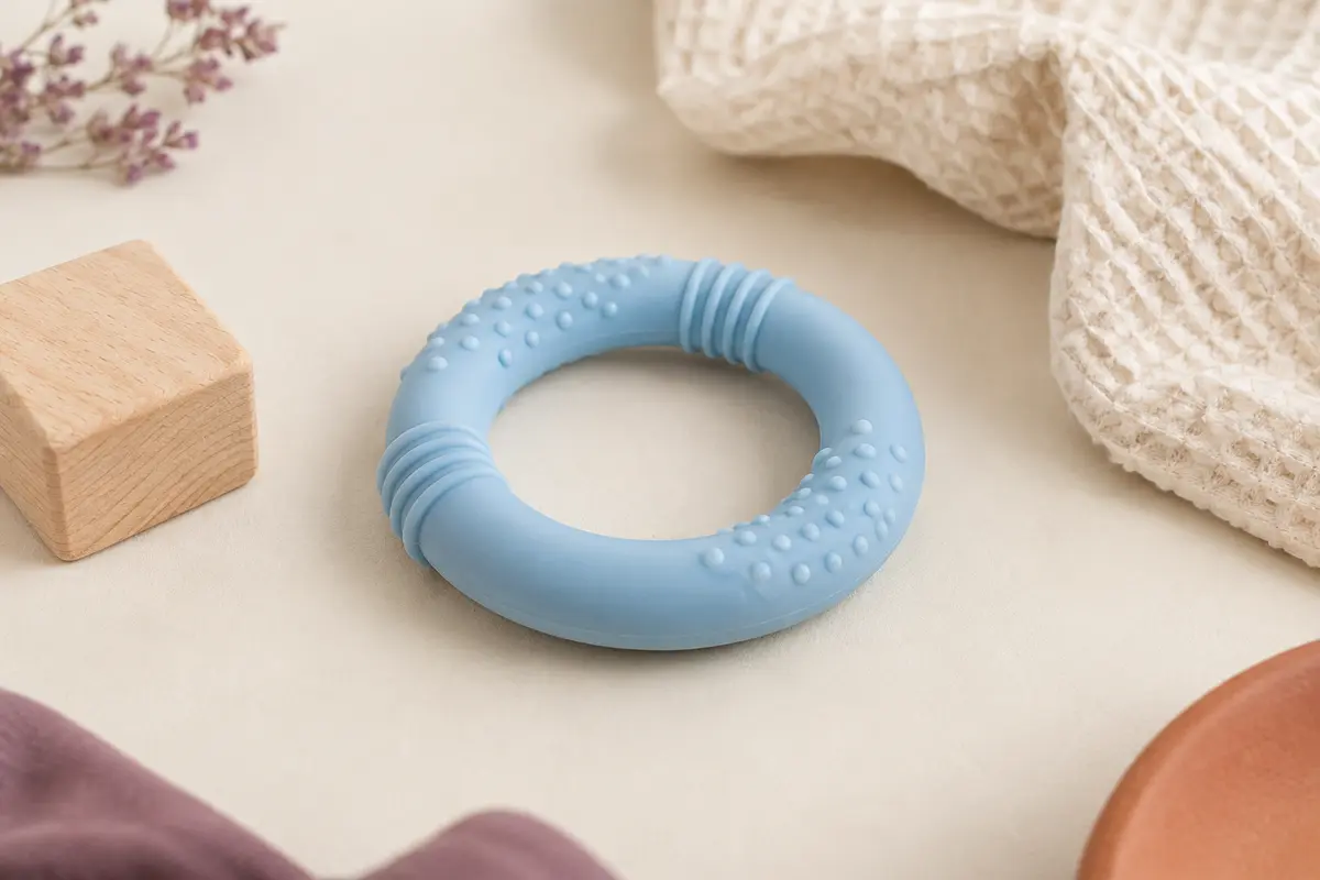 Anneau de dentition bleu en plastique présenté seul sur un fond crème avec des éléments en bois clair.