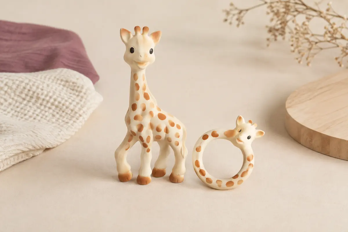 Girafe Sophie et anneau de dentition en caoutchouc naturel présentés sur un fond crème