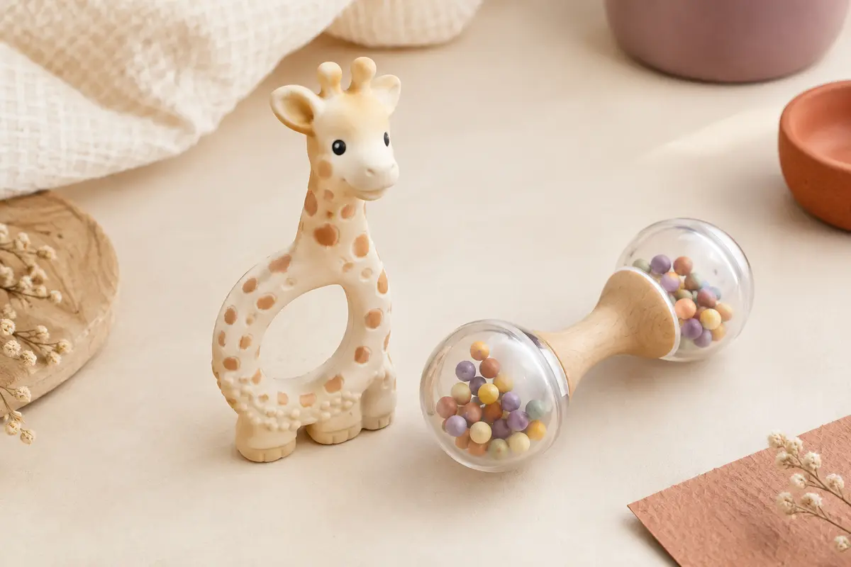 Jouet girafe à mordiller et hochet maracas présentés sur un fond crème avec des accessoires en bois clair.