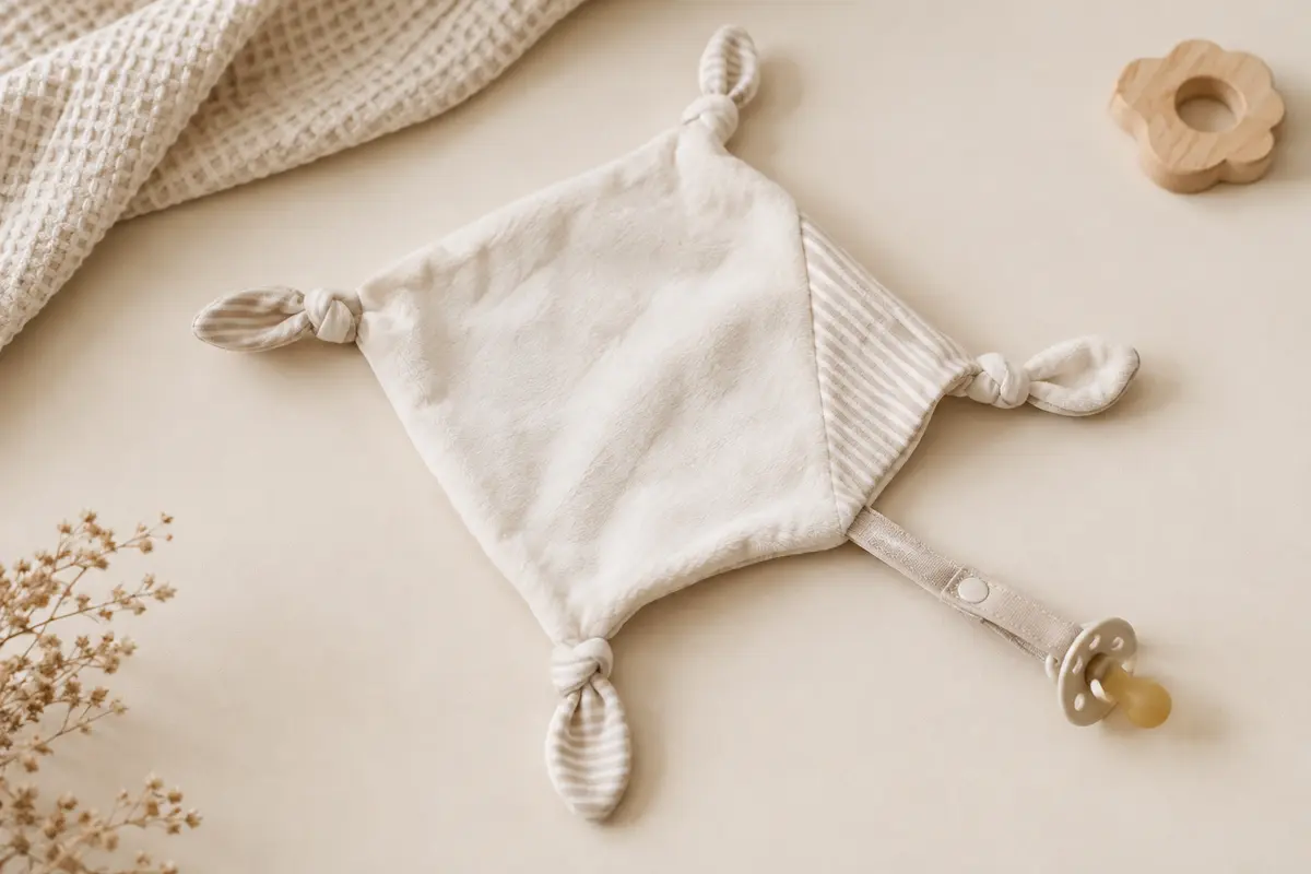 Doudou bébé blanc et beige en velours et jersey, avec cinq nœuds et une attache-sucette