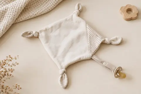 Doudou bébé blanc et beige en velours et jersey, avec cinq nœuds et une attache-sucette