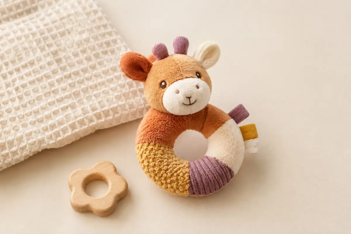 Hochet en peluche multicolore avec textures variées, présenté sur un fond crème près de coton gaufré.