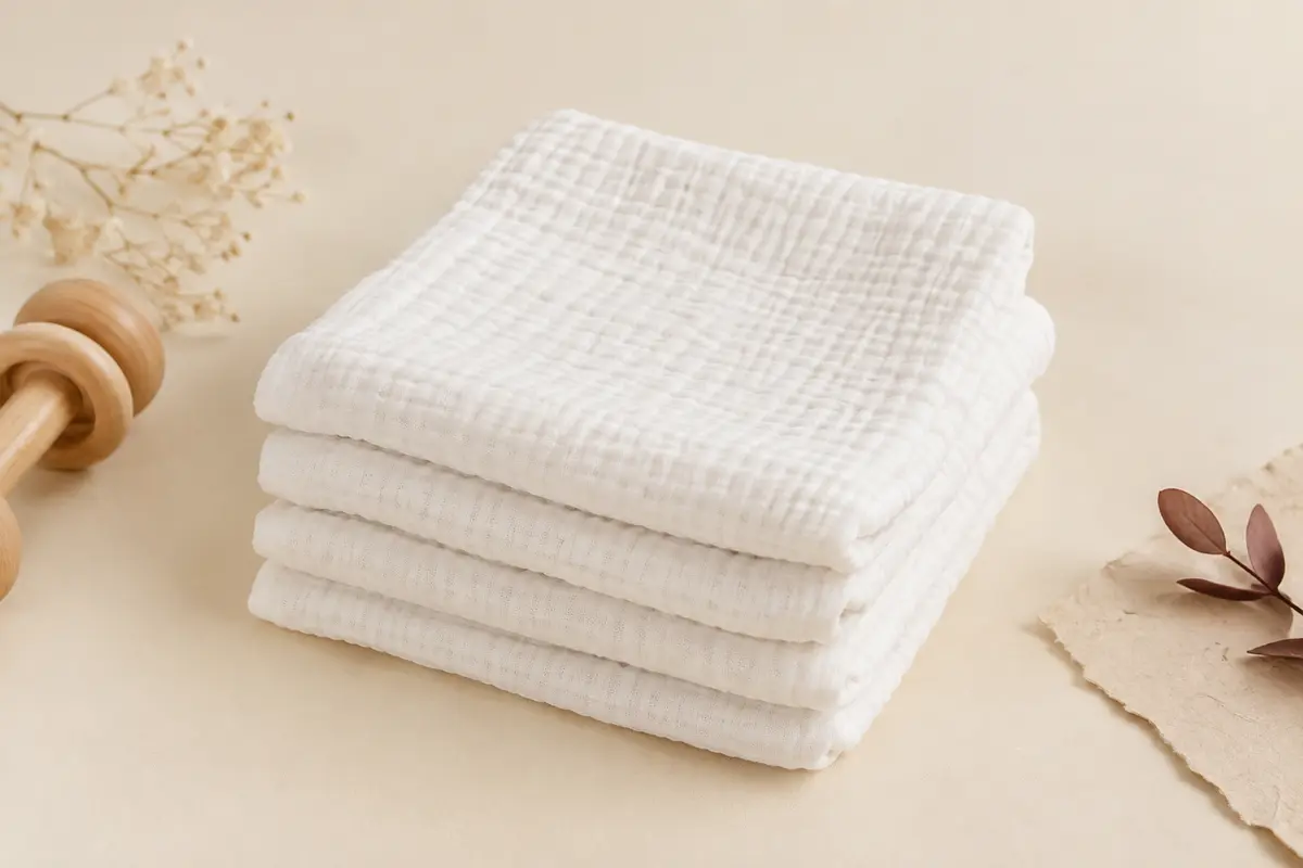 Quatre langes blancs en coton pliés sur un fond crème avec une touche de bois clair