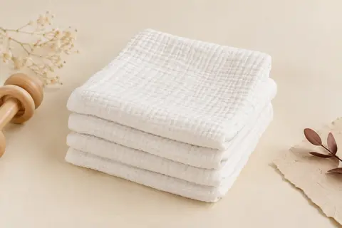 Quatre langes blancs en coton pliés sur un fond crème avec une touche de bois clair
