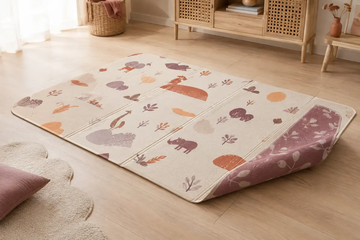 Tapis d’éveil réversible en mousse posé à plat sur un sol clair, avec ses motifs visibles.