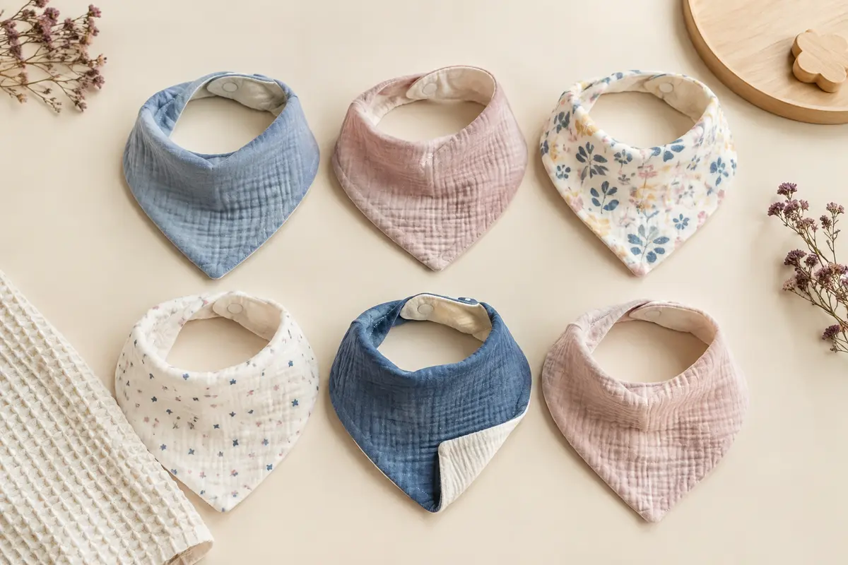 Lot de six bavoirs bandana en mousseline présenté sur un fond crème avec du bois clair et du coton gaufré.