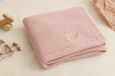 Couverture bébé rose en coton tricoté, pliée sur un fond crème avec sa broderie personnalisée visible