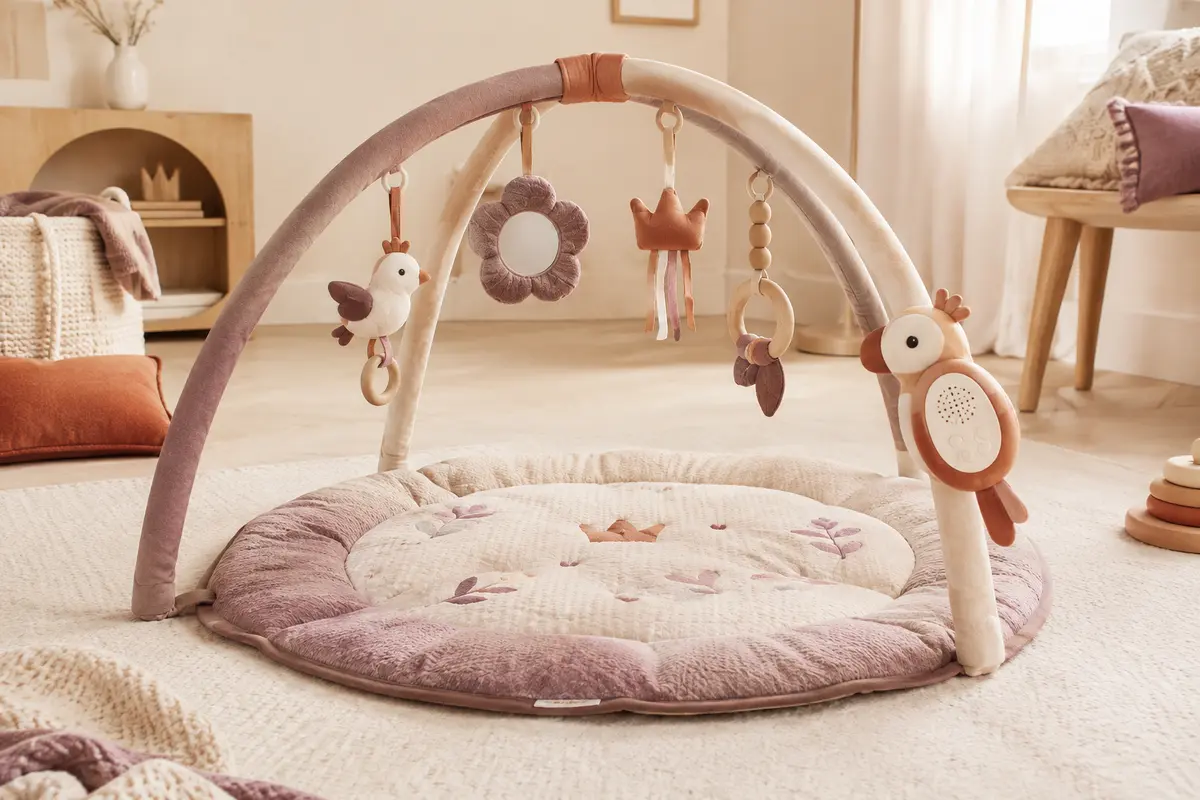 Tapis d’éveil Tiny Love avec arches, jouets suspendus, miroir et module musical sur un fond crème