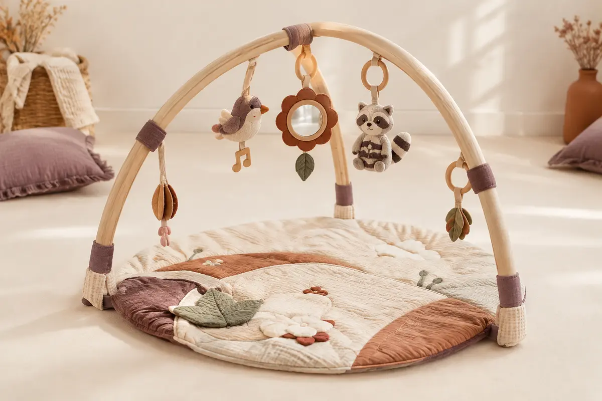 Tapis d’éveil Tiny Love avec arches ajustables, miroir et accessoires de jeu disposés sur un fond crème