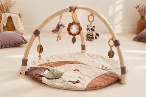 Tapis d’éveil Tiny Love avec arches ajustables, miroir et accessoires de jeu disposés sur un fond crème