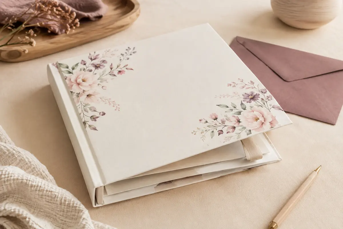 Album de naissance blanc à motif floral aquarellé, ouvert près d’une enveloppe sur un fond crème.