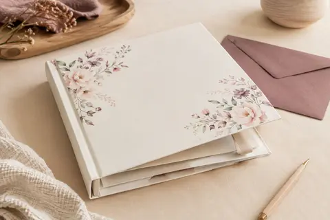 Album de naissance blanc à motif floral aquarellé, ouvert près d’une enveloppe sur un fond crème.