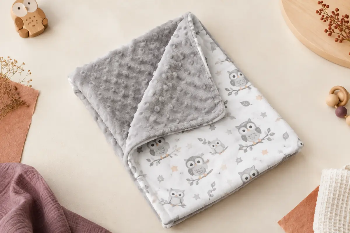 Couverture bébé réversible à motif hiboux, avec une face minky douce et une face en coton gris clair