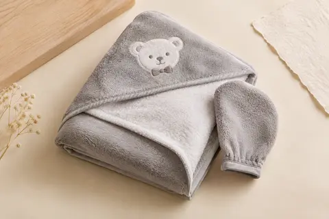 Cape de bain en coton blanc et gris, capuche ourson et gant assorti posés sur fond crème.