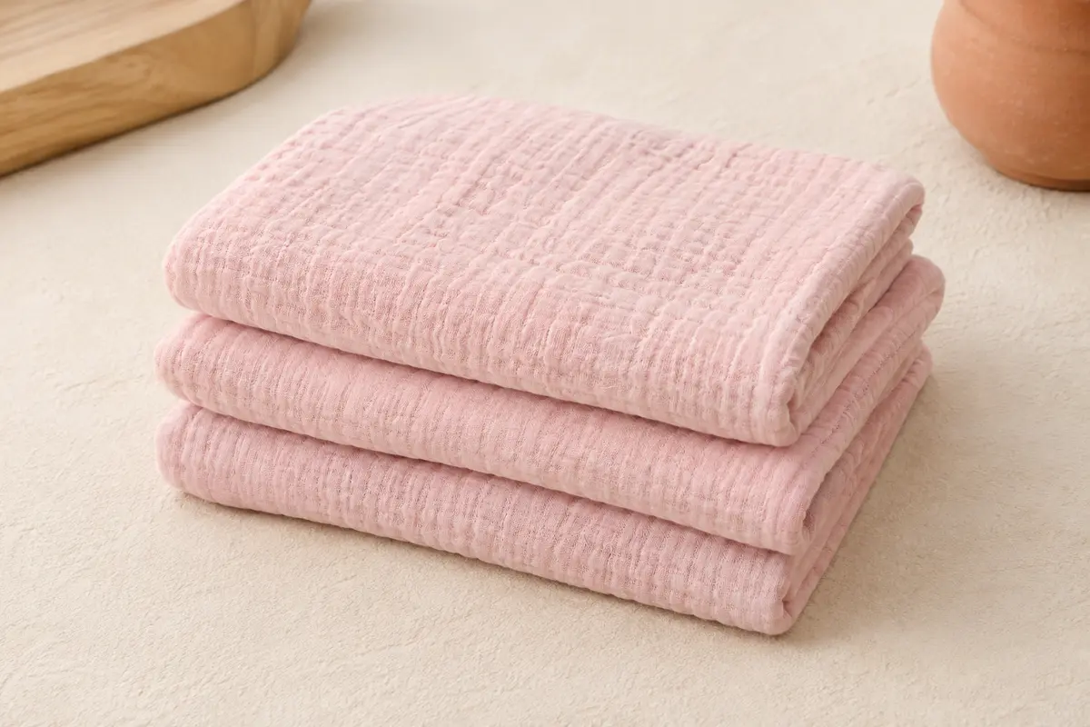 Trois langes bébé carrés en mousseline gaufrée rose pastel, pliés sur un fond crème.