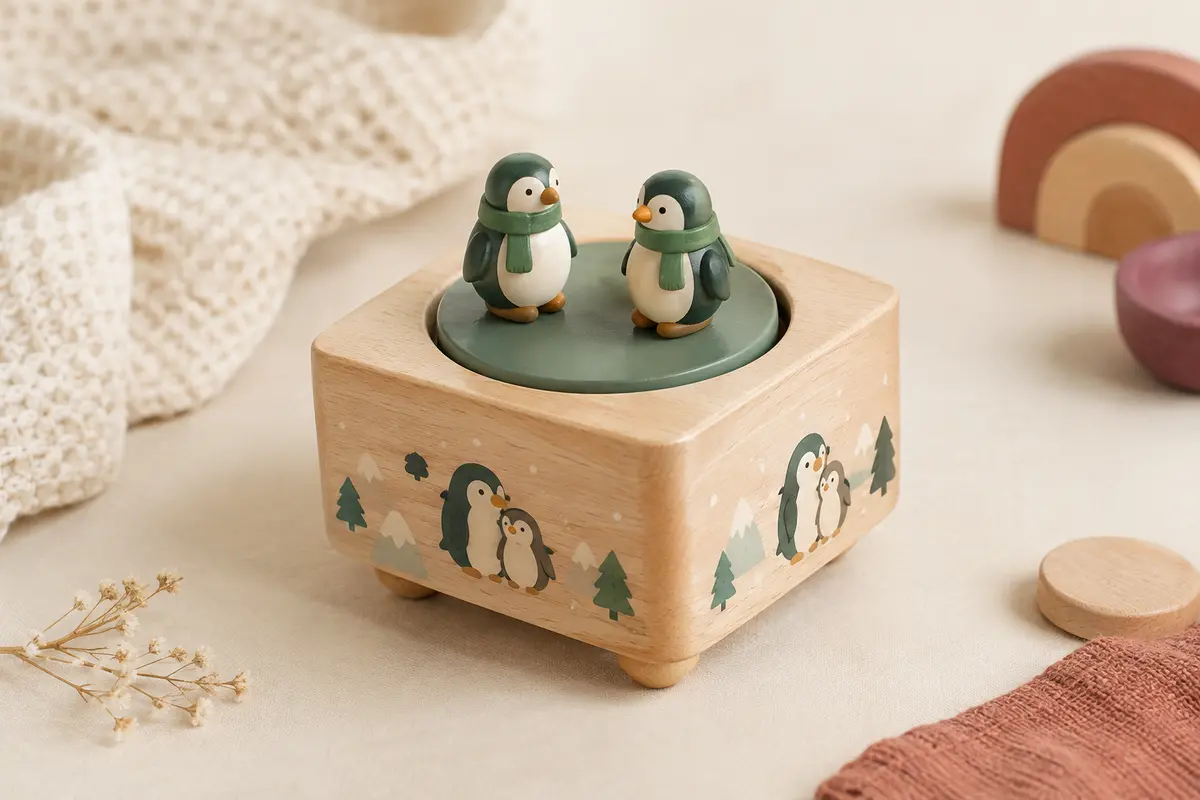 Boîte à musique en bois décorée de pingouins, avec deux figurines amovibles sur sa piste de danse.