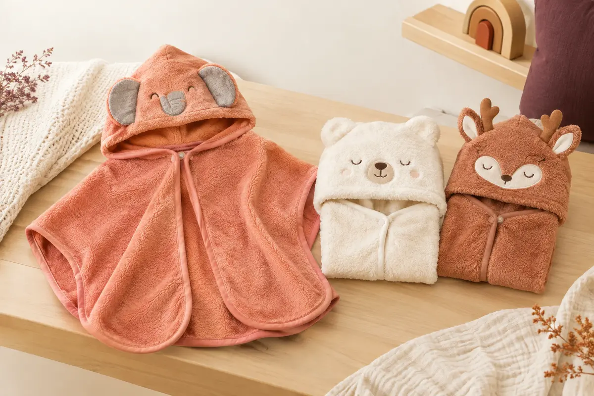 Trois capes de bain bébé en polaire corail à capuche, avec des imprimés d’éléphant, d’ours blanc et de cerf