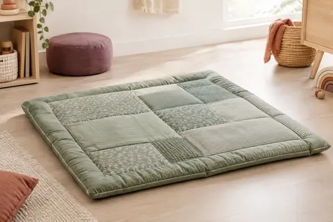 Tapis d’éveil carré en coton à motif patchwork posé sur un fond crème avec quelques accessoires en bois clair.