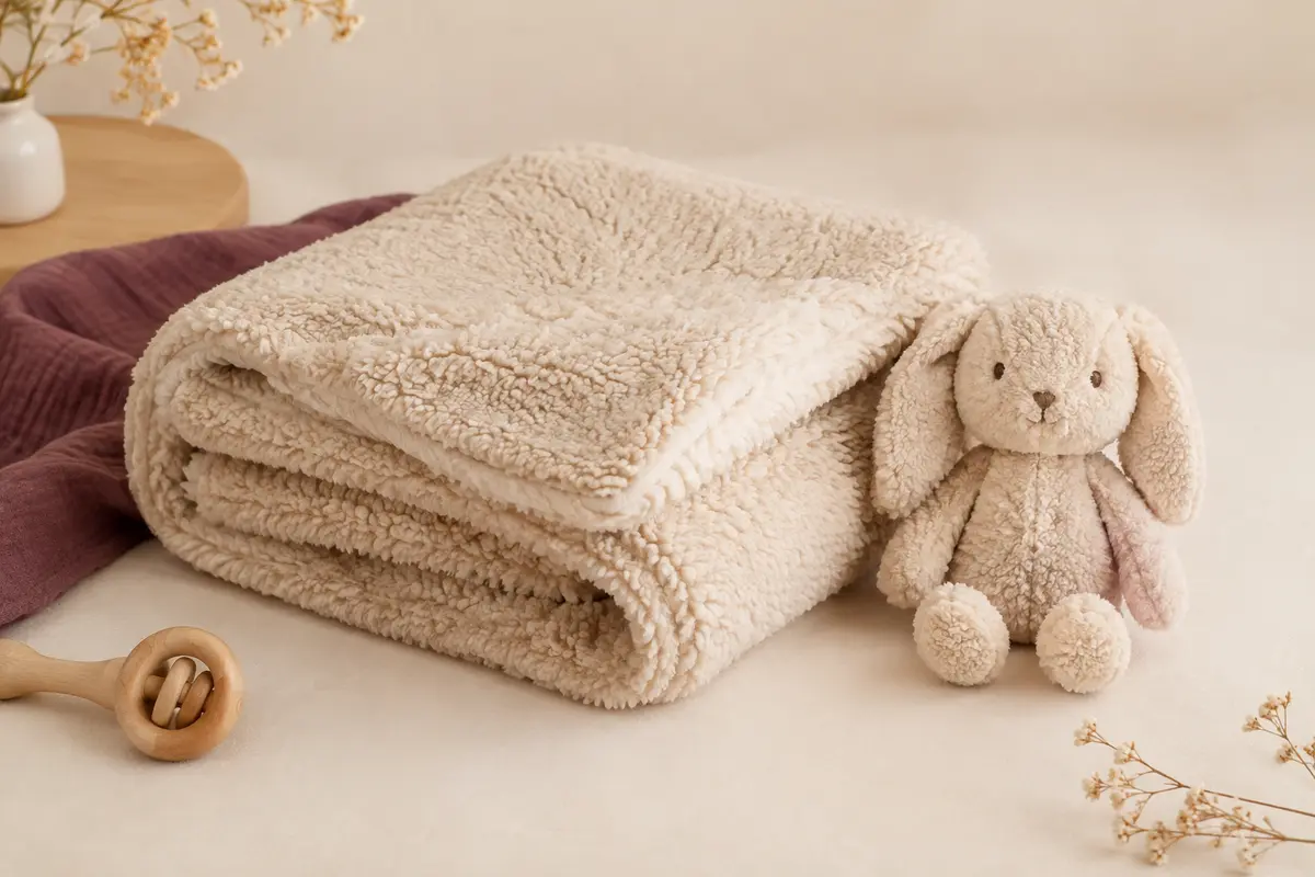 Couverture bébé beige à texture sherpa pliée près de son doudou assorti sur un fond crème