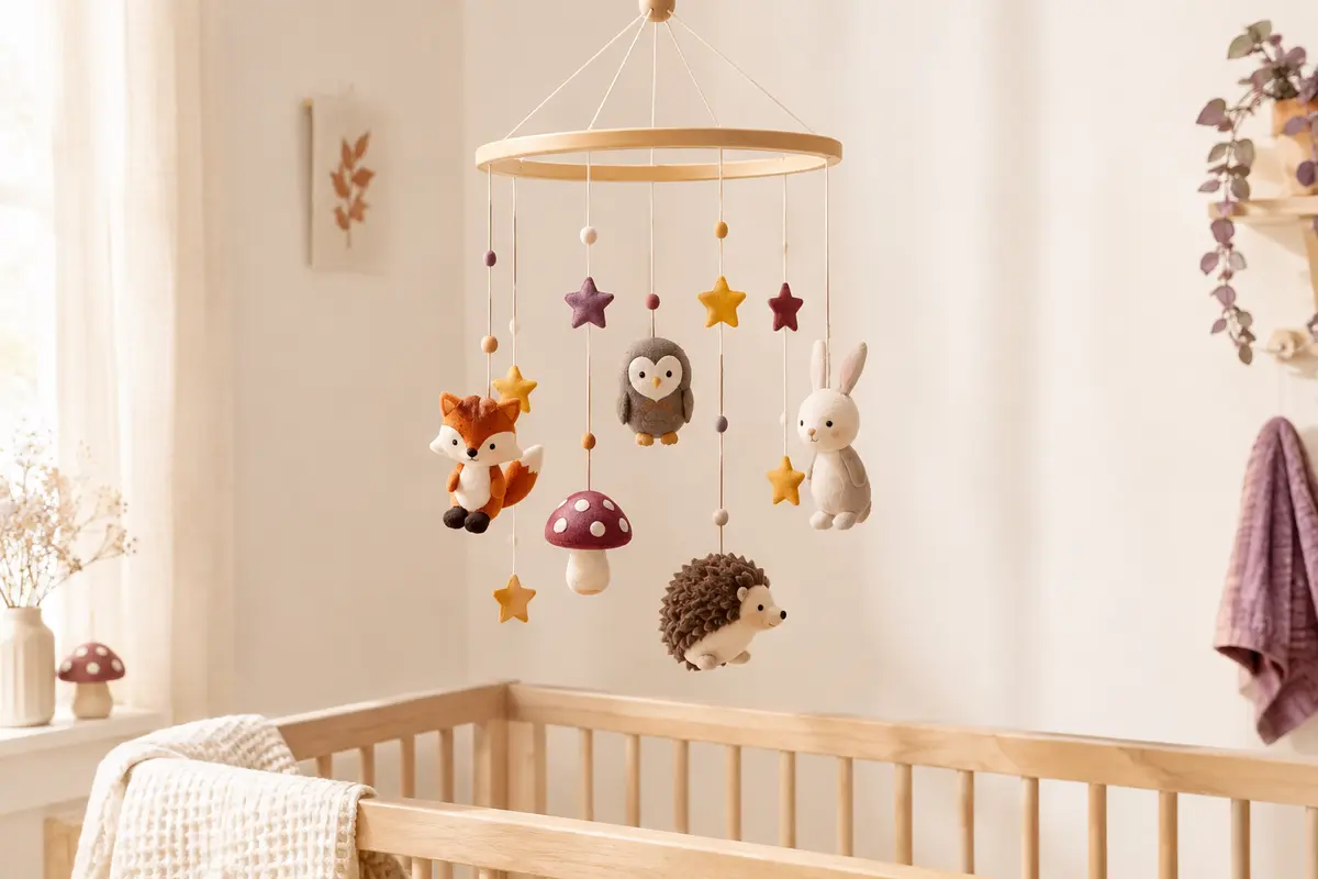 Mobile musical multicolore avec cinq suspensions d’animaux, un champignon et des étoiles au-dessus d’un lit à barreaux.