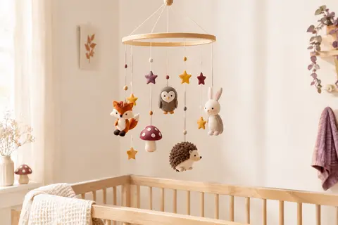 Mobile musical multicolore avec cinq suspensions d’animaux, un champignon et des étoiles au-dessus d’un lit à barreaux.